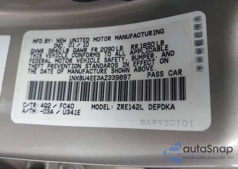 2010 Toyota Corolla Le z USA, uszkodzony, nr VIN 1NXBU4EE3AZ339897